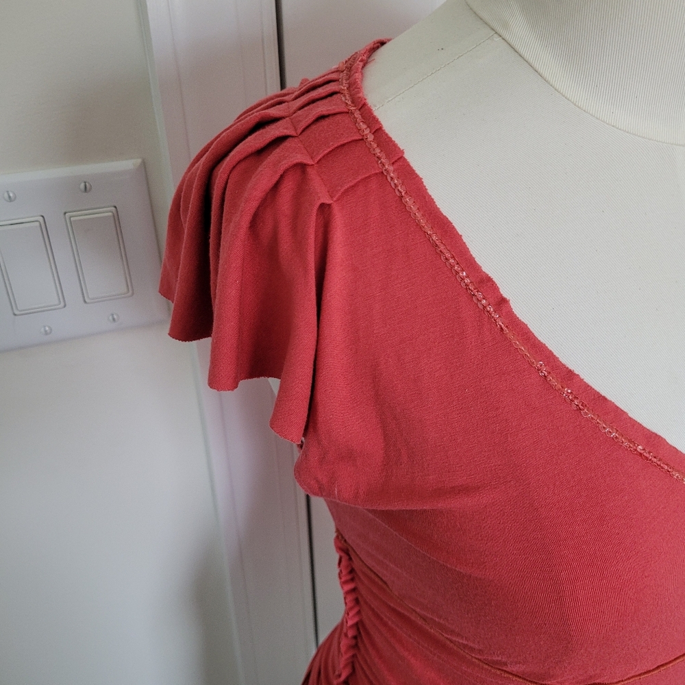 Max Studio Blouse Orange Coral Flutter Cap Sleeve Sequin Detail Ruched S… - Picture 6 of 9